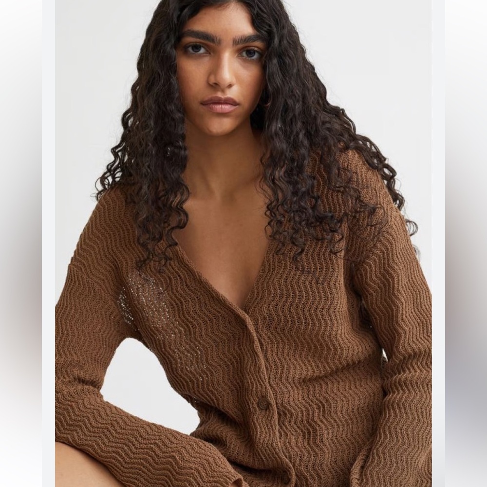 H&M Crochet Effect Knit 100% Cotton Cardigan, Dark Brown Size XS